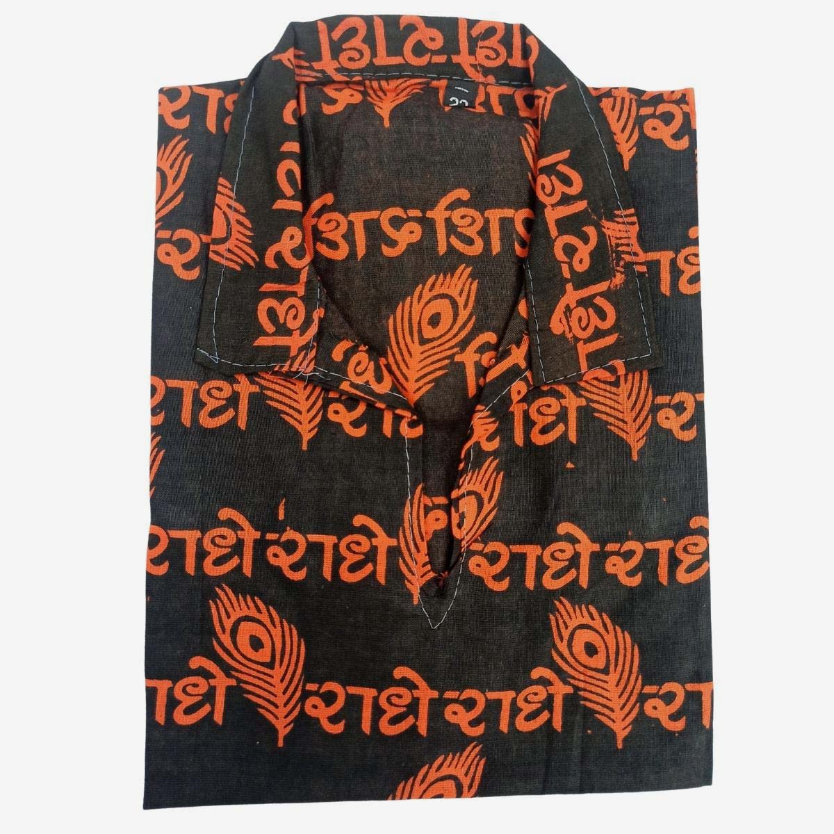 Boys-Kids-Radhe Radhe Morpankh Printed Kurta 22 No (10-11 Years) Pure Cotton Blend T-shirt/Short Kurta's in Black & Dark Orange Color