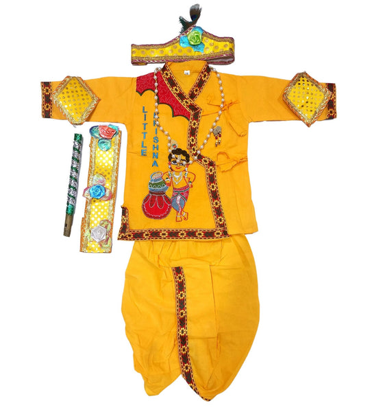 Kids-Krishna Costume Cotton Printed Little Krishna Set (Dhoti, Kurta, Mukut, Morpankh, Bansuri, Bajuband, Kundal, 1 Malla) in Yellow Color