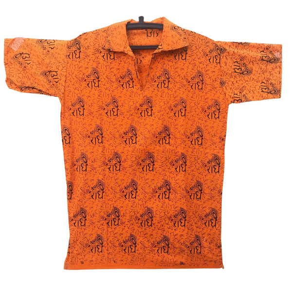 Men-Boys- Kurta T-Shirt-Shree Radhe Morpankh Printed Short Kurta 100 % Pure Cotton Blend Straight Fit In Orange Color