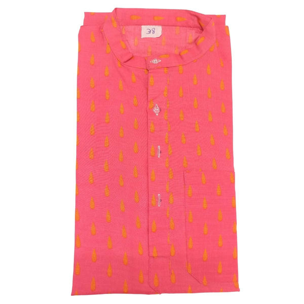 Mens-Boys-Stylish Pure Cotton Blend Knee Length Long Sleeves Kurta In Pink Color