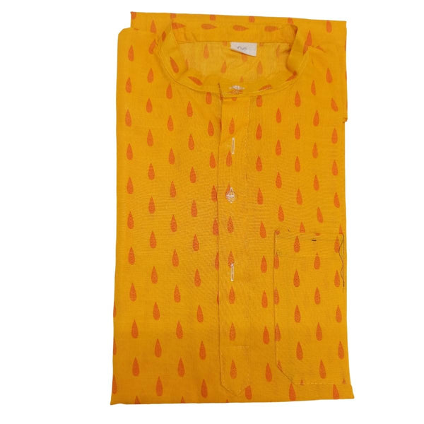 Mens-Boys-Stylish Pure Cotton Blend Knee Length Full Sleeves Kurta In Yellow Color