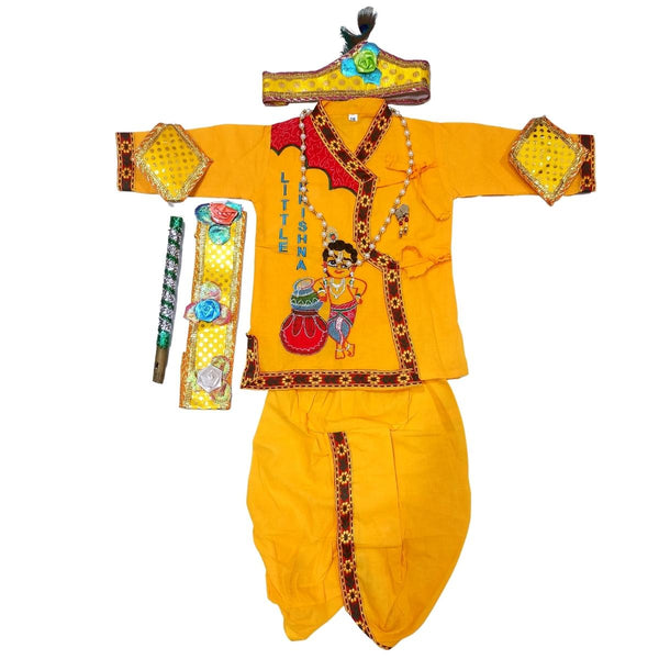 Kids-Krishna Costume Cotton Printed Little Krishna Set (Dhoti, Kurta, Mukut, Morpankh, Bansuri, Bajuband, Kundal, 1 Malla) in Yellow Color